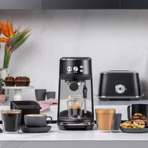 Siebträgermaschine Sage The Bambino Black Truffle+ Kaffeemühle Baratza Encore ESP weiß